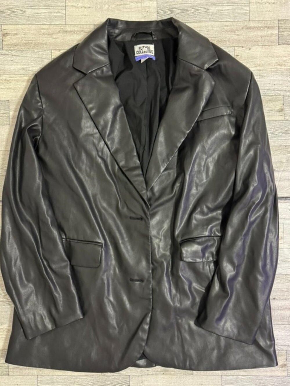 Future Collective Kahlana Barfield Brown Oversized Black Faux Leather Blazer M